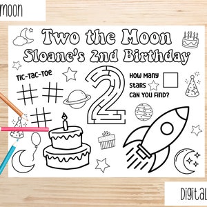 Two the Moon Birthday, Custom Two the Moon Coloring Sheet, Personalized Party Placemats, Custom Birthday Coloring Page, 2nd Birthday Theme