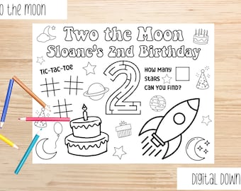 Cumpleaños de dos la luna, hoja para colorear personalizada de dos la luna, manteles individuales de fiesta personalizados, página para colorear de cumpleaños personalizada, tema del segundo cumpleaños