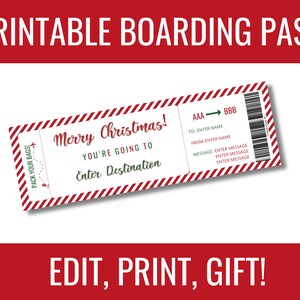 Carte d'embarquement de Noël. Modèle de carte d'embarquement. Voyage surprise. Vacances surprise à imprimer. Voyage de Noël. Billet d'avion modifiable