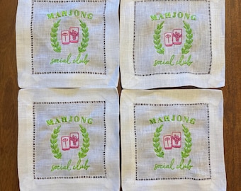 Mahjong Embroidered Cocktail Napkins - Mahjong Social Club Cocktail Napkins - Mahjong Gift- Gift for Mahjong Lovers- Mahjong Hostess Gifts