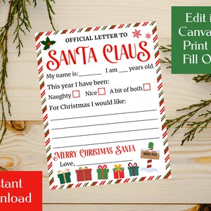 Carta a Papá Noel para imprimir - Carta a Papá Noel fácil de imprimir - Plantilla para Papá Noel de descarga instantánea - Carta a Papá Noel editable