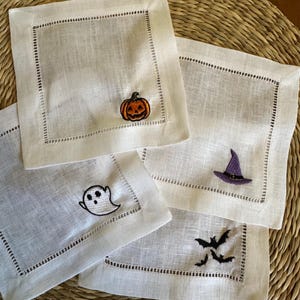 Halloween napkin set - Pumpkin Embroidered Cocktail Napkin - 6x6 Hemstitch Linen Coaster - Gifts for Dinner Party, Housewarming - Fall Decor