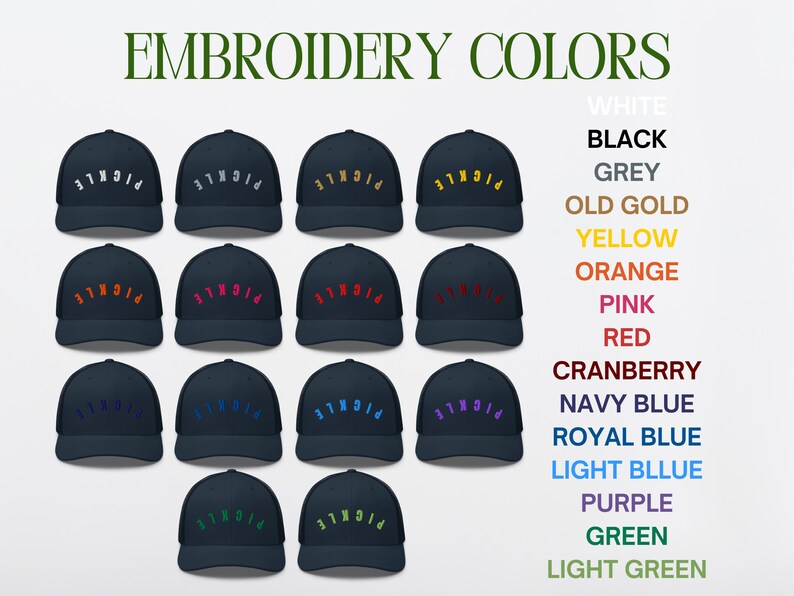 May include: A selection of 18 navy blue trucker hats with different colored embroidery. The embroidery says "PICNICLE" in a curved arc. The colors of the embroidery are white, black, grey, old gold, yellow, orange, pink, red, cranberry, navy blue, royal blue, light blue, purple, green, and light green.