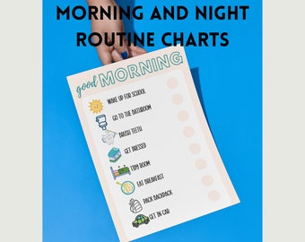 May include: A printable chart with a light pink background and a green title "good MORNING". The chart lists a morning routine with icons and text for each step: wake up for school, go to the bathroom, brush teeth, get dressed, tidy room, eat breakfast, pack backpack, get in car.