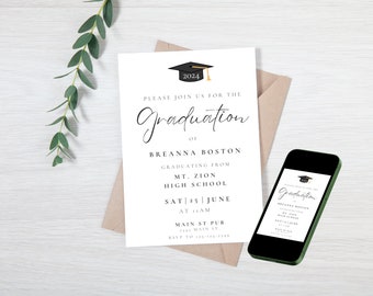 Plantilla de invitación de graduación imprimible y editable. Invitación electrónica de graduación. Anuncio de graduación de la promoción de 2026. Invitación de graduación minimalista.