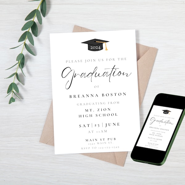 Graduation invitation template printable Editable Electronic graduation invite Grad announcement Class of 2026 College, Minimal Grad Invite