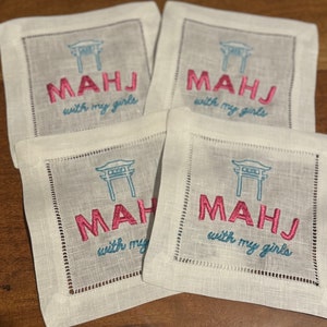 Mahjong Embroidered Cocktail Napkins - Mahj with my Girls Cocktail Napkins - Mahjong Gift- Gift for Mahjong Lovers- Mahjong Hostess Gifts