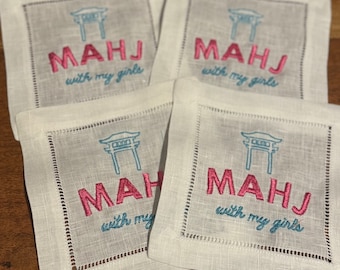 Mahjong Embroidered Cocktail Napkins - Mahj with my Girls Cocktail Napkins - Mahjong Gift- Gift for Mahjong Lovers- Mahjong Hostess Gifts