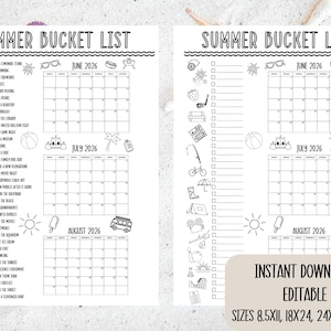 K&ouml;nnte beinhalten: Schwarz-wei&szlig; druckbare Sommer-Bucket-Liste mit Kalenderrastern f&uuml;r Juni, Juli und August 2026. Enth&auml;lt Symbole f&uuml;r Sommeraktivit&auml;ten. Der Text lautet "Summer Bucket List" und "Instant Download Editable".