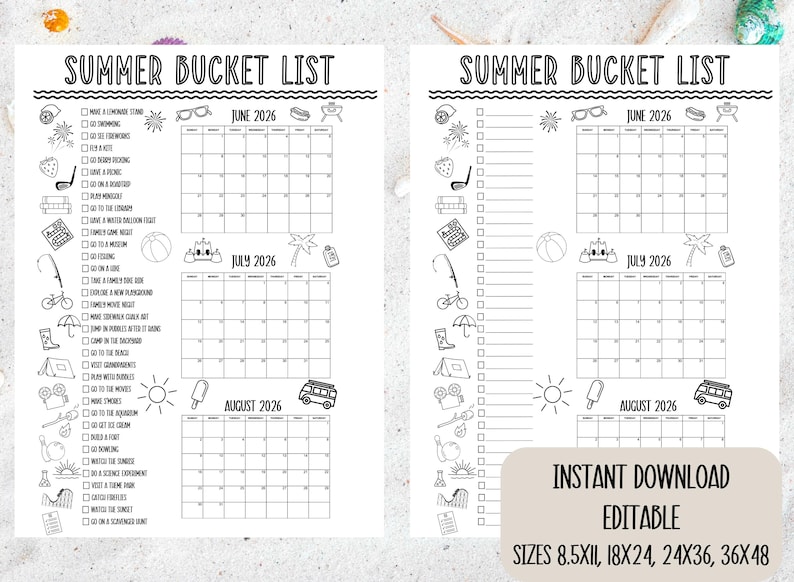 K&ouml;nnte beinhalten: Schwarz-wei&szlig; druckbare Sommer-Bucket-Liste mit Kalenderrastern f&uuml;r Juni, Juli und August 2026. Enth&auml;lt Symbole f&uuml;r Sommeraktivit&auml;ten. Der Text lautet "Summer Bucket List" und "Instant Download Editable".