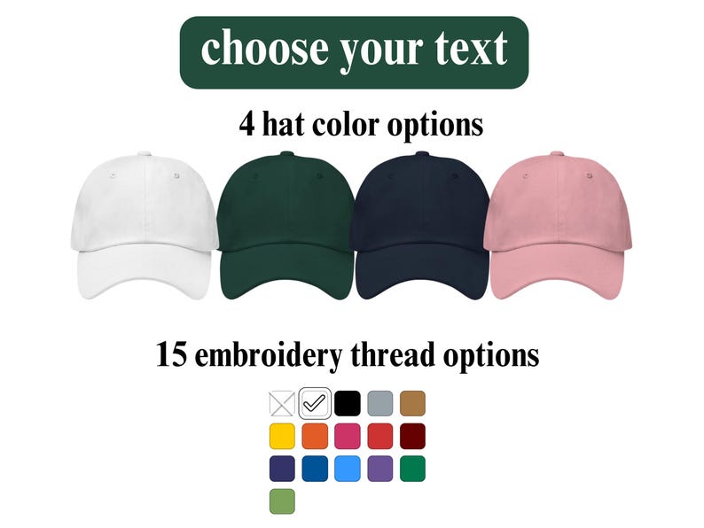 Pu&ograve; includere: Quattro cappellini da baseball vuoti in bianco, verde, blu navy e rosa. Scegli il tuo testo e il colore del filo da ricamo tra una selezione di 15 colori.