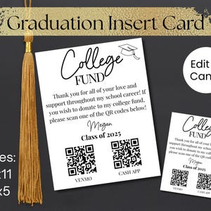 Bearbeitbare Abschluss-Einlegekarte, College-Fonds-QR-Code-Karte, Tipp für die graduiertenvorlage, bearbeitbares Abschlussgeschenk QR, Abschlussfeier-Beilage