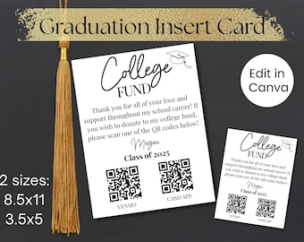 Editable Graduation Insert Card, College Fund QR Code Card, Tip the Graduate Template, Editable Graduation Gift QR, Graduation Party Insert