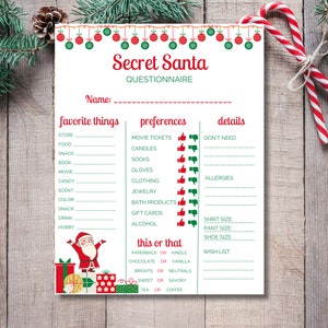 Cuestionario de Papá Noel secreto, Cuestionario de Papá Noel secreto imprimible, Cuestionario de Papá Noel secreto editable, Preferencias de Papá Noel secreto