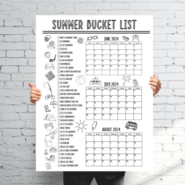 Summer of Fun Malposter, Sommer Bucket List, Sommer Checkliste, Sommer Aktivitätskalender, Sommer 2024, Sommer Countdown Kalender