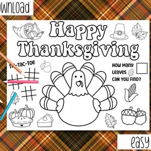 Thanksgiving Coloring Placemat For Kids - Printable Turkey Activity Sheet - Thanksgiving Games - Fall Coloring Pages - Thanksgiving Placemat