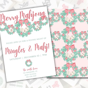 May include: A festive invitation for a Mahjong party with a pink and green wreath design. The invitation reads "Merry Mahjong" and "Please join us for a festive night of Mingles & Mahj!" with the date and time of the party. The invitation also includes the address and contact information for the host.