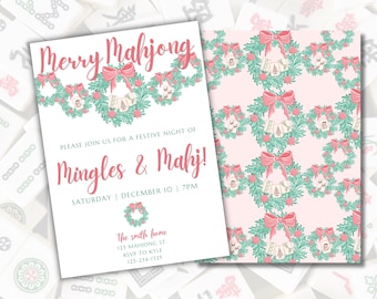 May include: A festive invitation for a Mahjong party with a pink and green wreath design. The invitation reads "Merry Mahjong" and "Please join us for a festive night of Mingles & Mahj!" with the date and time of the party. The invitation also includes the address and contact information for the host.