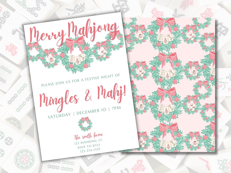 May include: A festive invitation for a Mahjong party with a pink and green wreath design. The invitation reads "Merry Mahjong" and "Please join us for a festive night of Mingles & Mahj!" with the date and time of the party. The invitation also includes the address and contact information for the host.