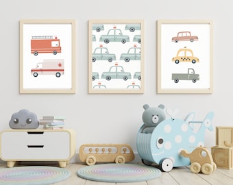 Set of 6 Vehicle Prints, Kids Gallery Wall Set, Truck Wall Art, Fire Truck Print Nursery, Watercolor Painting, Dump Truck Decor