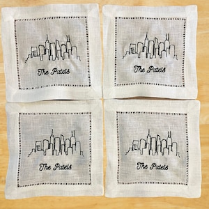 Benutzerdefinierte Leinen Cocktailservietten, Chicago Cocktail Servietten, lustige gestickte Cocktailservietten, Untersetzer, individuelles Hochzeitsgeschenk