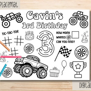 Personalized Monster Truck Birthday activity placemat, Any Age, Monster Truck coloring placemat, DIY coloring placemat, INSTANT DOWNLOAD