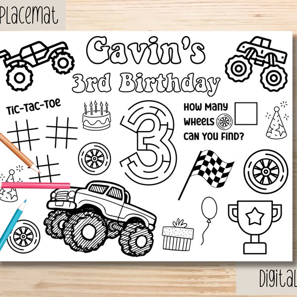 Personalized Monster Truck Birthday activity placemat, Any Age, Monster Truck coloring placemat, DIY coloring placemat, INSTANT DOWNLOAD