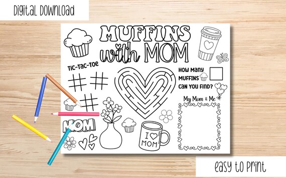 Muffins With Mom Coloring Placemat - Mother's Day Activity Sheet - PTO PTA Mother's Day Event - Kids Activity Mat - Muffins with Mom