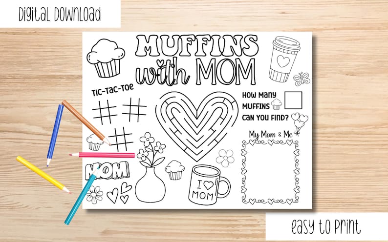 Puede incluir: Una p&aacute;gina para colorear imprimible con un laberinto en forma de coraz&oacute;n, un juego de tres en raya, una taza de 'Te quiero mam&aacute;' con tem&aacute;tica de magdalenas y el texto 'Magdalenas con mam&aacute;'.