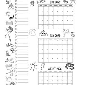 K&ouml;nnte beinhalten: Schwarz-wei&szlig; Sommer-Bucket-List-Druckvorlage mit Kalender f&uuml;r Juni, Juli und August 2026. Enth&auml;lt Kontrollk&auml;stchen und sommerliche Illustrationen wie Sonnenbrillen, einen Strandball und ein Eis.