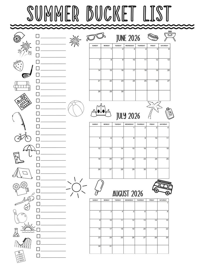 K&ouml;nnte beinhalten: Schwarz-wei&szlig; Sommer-Bucket-List-Druckvorlage mit Kalender f&uuml;r Juni, Juli und August 2026. Enth&auml;lt Kontrollk&auml;stchen und sommerliche Illustrationen wie Sonnenbrillen, einen Strandball und ein Eis.