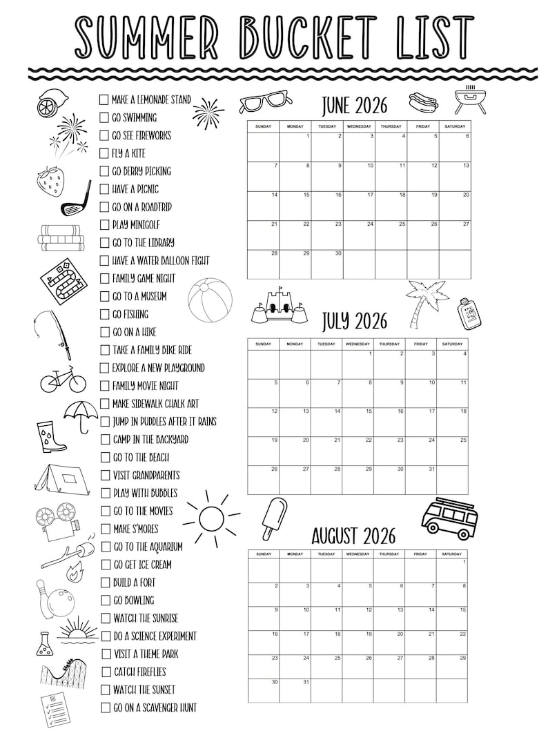 K&ouml;nnte beinhalten: Schwarz-wei&szlig; Sommer-Bucket-List zum Ausdrucken mit Aktivit&auml;ten wie Schwimmen, Strandbesuchen und Feuerwerk. Enth&auml;lt einen Kalender f&uuml;r Juni, Juli und August 2026. Mit Illustrationen von Sommer-Symbolen.