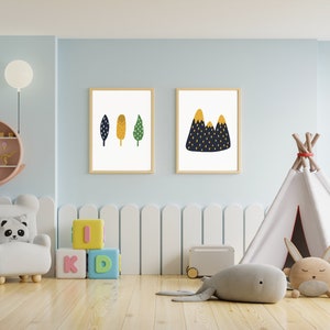Adventure Kids Room Prints Set de 6 / Adventure Nursery Wall Art / Arte de escena de montaña / Neutral Kids Room Art / Decoración de guardería neutral