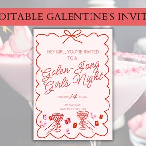 Könnte beinhalten: Eine rosa und rote druckbare Einladung zu einer Galentine's Day Party. Die Einladung lautet "Hey girl, you're invited to a Galen-Jong Girls Night" mit Datum und Uhrzeit der Party. Die Einladung enthält auch eine Telefonnummer für RSVP.