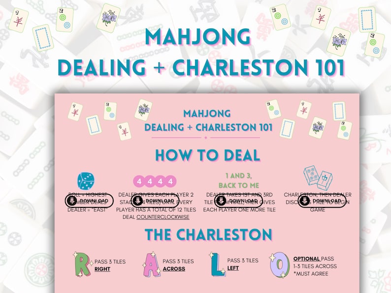 May include: A pink and white illustrated guide to dealing and playing Mahjong, a Chinese tile-based game. The guide includes instructions on how to deal the tiles, and how to play the Charleston, a popular variation of the game.