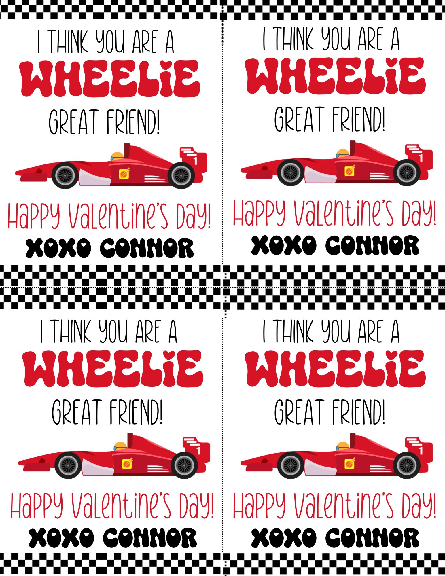 Race Car Valentine Cards Printable | Matchbox Car Valentine Tags | Boy ...