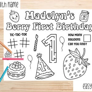 Berry First Birthday - 1st Birthday Strawberry Coloring Placemat - Strawberry Activity Placemat - Personalized Strawberry Party Placemat
