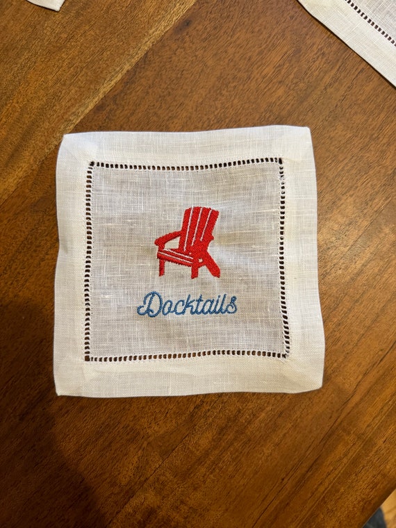 Lake House Gift | Embroidered Custom Cocktail Napkins | Gifts for Women | Hostess Gift | Embroidered Linen Cocktail Napkins |Docktails