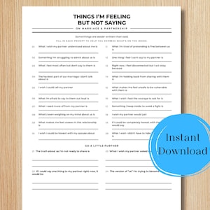 May include: A white paper worksheet titled Things I'm Feeling But Not Saying on Marriage & Partnership, featuring twenty-four numbered prompts with blank lines for writing, and a blue circular graphic with the text Instant Download.