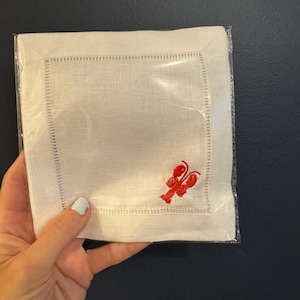 Lobster Embroidered Linen Cocktail Napkins - Nantucket Summer - Got Buttah - Lobster Cocktail Napkins - Be My Lobster - Lobster Linen Napkin