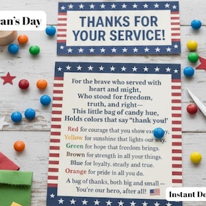 May include: A patriotic Veteran's Day-themed image with text reading "Thanks for Your Service!" and a poem about the colors of the American flag. Scattered around are red, white, and blue stars, and colorful candies.