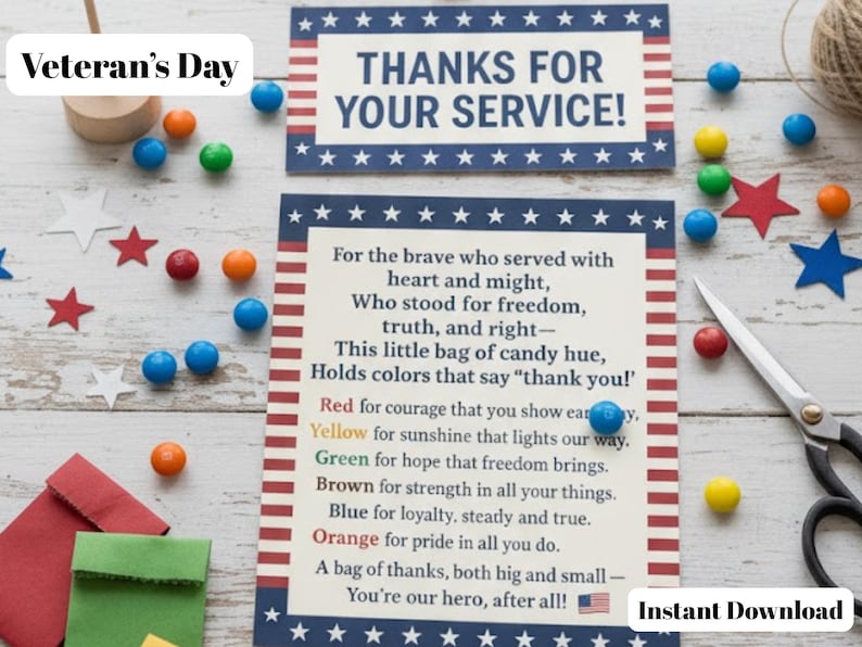May include: A patriotic Veteran's Day-themed image with text reading "Thanks for Your Service!" and a poem about the colors of the American flag. Scattered around are red, white, and blue stars, and colorful candies.
