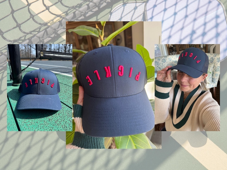 May include: A navy blue baseball cap with a red embroidered word "PICKLE" on the front. The cap has a mesh back.
