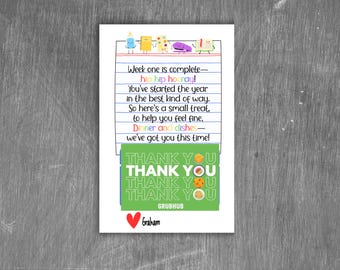 May include: A white card with colorful text and illustrations. The text reads "Week one is complete - hip hip hooray!" and "THANK YOU" multiple times. A red heart and the name "Graham" are at the bottom.