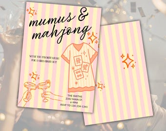 Könnte beinhalten: Einladungskarte mit rosa-gelbem Streifenhintergrund. Der Text "mumus & mahjong" ist in einer stilvollen Schriftart geschrieben. Die Karte zeigt eine Zeichnung eines Mumu-Kleides und Mahjong-Steinen. Der Text "WEAR YOU FAVORITE MUMU FOR A GIRLS NIGHT OUT!" ist ebenfalls enthalten.