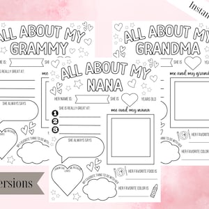 Vragenlijst All About My Grandma, All About My Nana, oma Moederdagcadeau, cadeau voor oma van kinderen, grootoudersdag afdrukbaar
