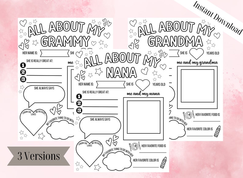 Puede incluir: Hojas de actividades imprimibles "Todo sobre mi" para completar para Abuela, Abuela y Nana. Cada hoja presenta un coraz&oacute;n, estrellas y un marco de fotos. Las hojas incluyen indicaciones como "Su nombre es", "Ella es realmente buena en", "Ella siempre dice", "Mi cosa favorita para hacer con ella", "Su comida favorita es", y "Su color favorito es".
