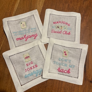 Mahjong Embroidered Cocktail Napkins - Mahjong Social Club Cocktail Napkins - Mahjong Gift- Gift for Mahjong Lovers- Mahjong Hostess Gifts