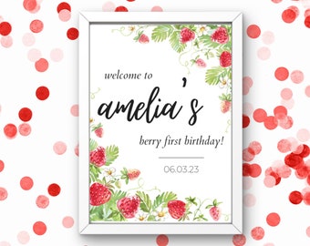 Strawberry Welcome Sign, Berry First Birthday, Editable Strawberry Party Decorations, INSTANT DOWNLOAD, Berry Birthday Welcome, Berry First