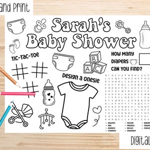 Baby Shower Printable Placemat Activity, Editable Baby Shower placemat, Printable Baby Shower coloring for kids, Baby Shower Games